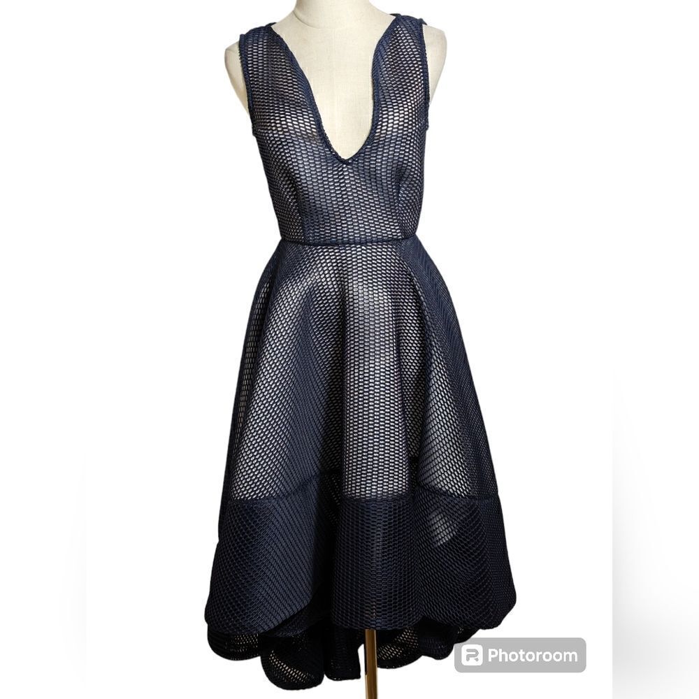 Issue NY Navy Blue Fishnet Overlay Dress NWT